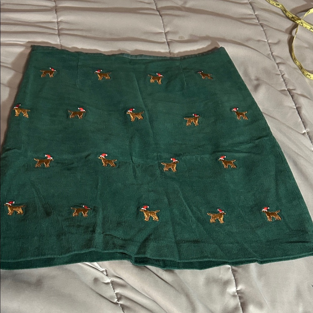 Castaway Green Corduroy Mini Skirt with Embroidered Dogs